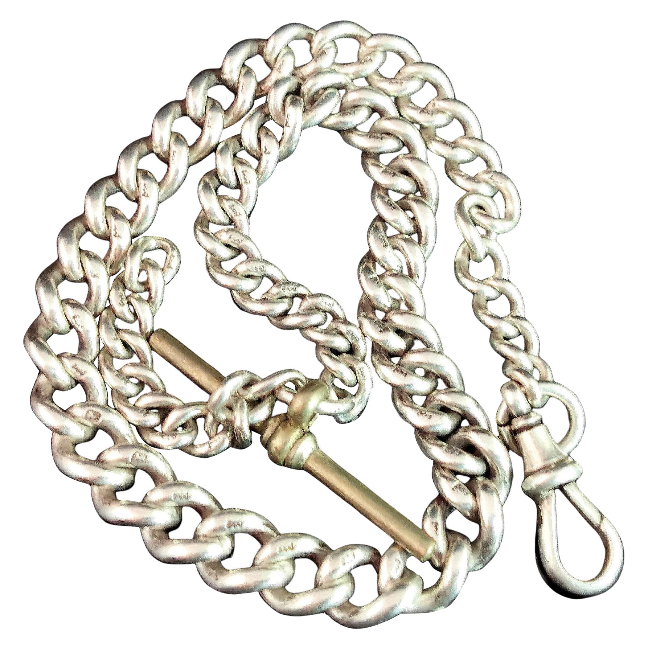 Antique Sterling Silver Albert Chain, Watch Chain, Curb Link For Sale