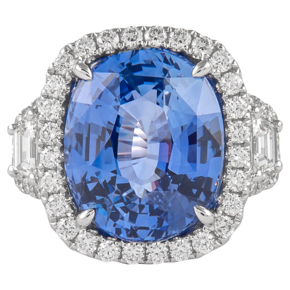 Alexander GIA 13.20 Carat Ceylon Sapphire with Diamond Three Stone Halo Ring 18k For Sale