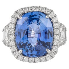 Alexander GIA 13.20 Carat Ceylon Sapphire with Diamond Three Stone Halo Ring 18k