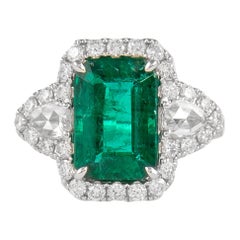 Alexander GIA 3.25 Carat Emerald with Diamond Three Stone Halo Ring 18k Gold