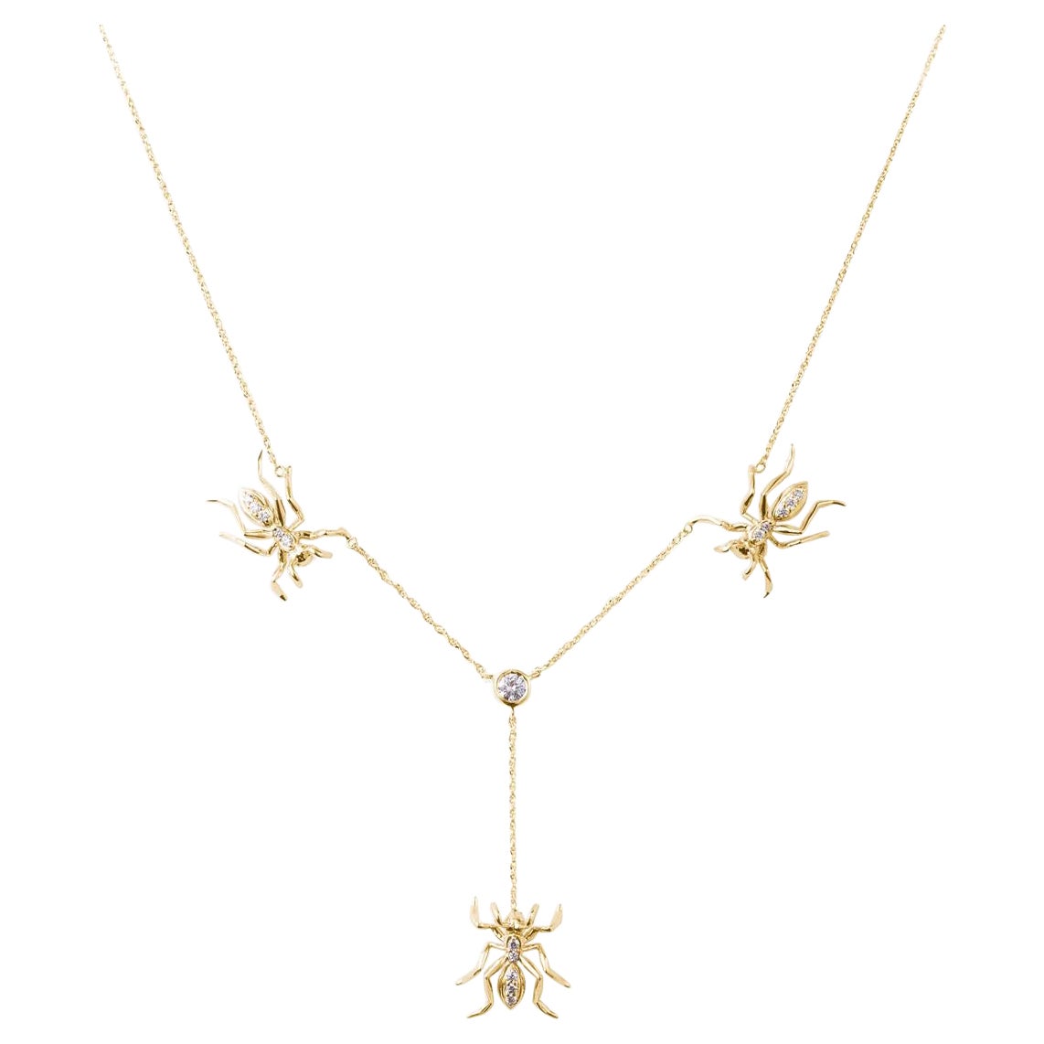 3 Ant Lariat Necklace Yellow Gold Diamonds For Sale