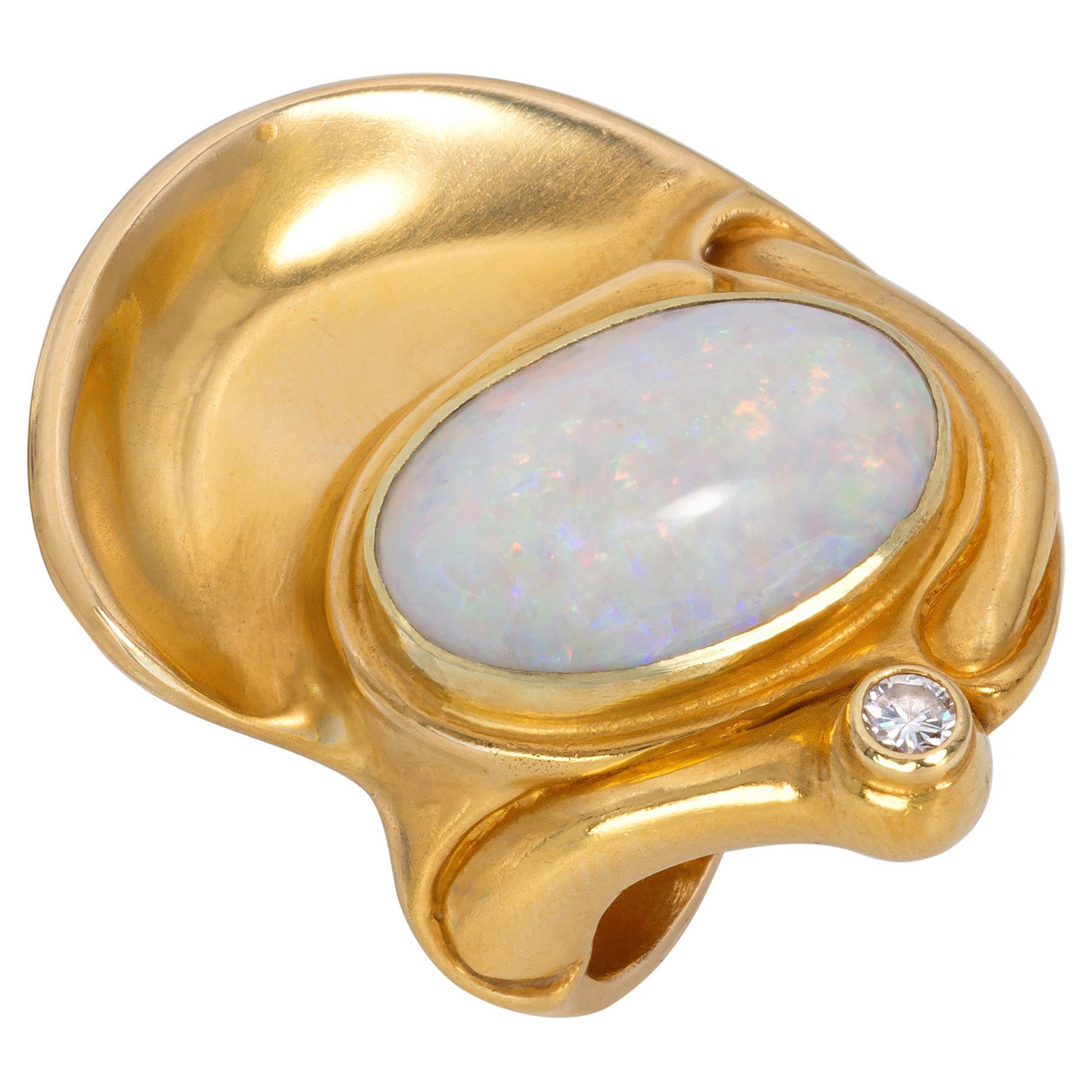 Artist Jewel Fernand Demaret White Fire Opal Diamond 18 Karat Gold Cocktail Ring For Sale