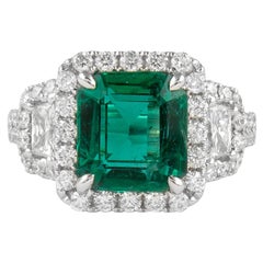 Alexander GIA 2.90ct Emerald with Diamond Three Stone Halo Ring 18 Karat Gold