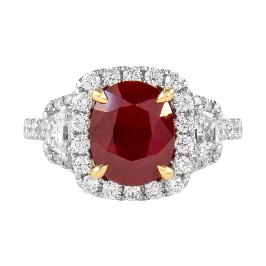 Alexander GIA 2.25 Carat Burmese Ruby & Diamond Three Stone Halo Ring 18k Gold For Sale