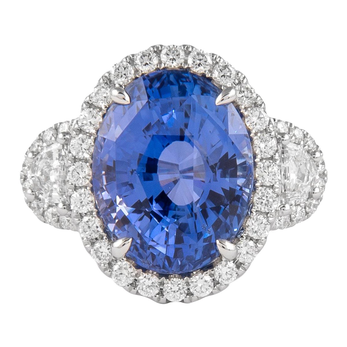 Alexander GIA 12.05ct Ceylon Sapphire No-Heat & Diamond Three Stone Halo Ring For Sale