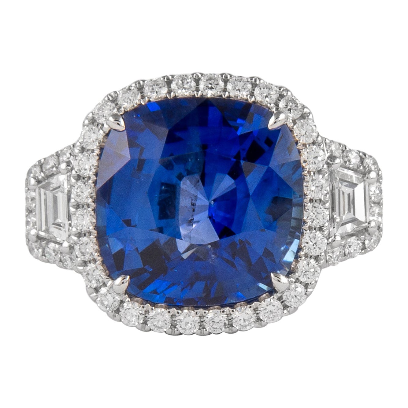 Alexander GIA 12.08ct Ceylon Sapphire with Diamond Three Stone Halo Ring 18k