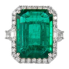 Alexander GIA 13.18ct Emerald with Diamond Three Stone Halo Ring 18 Karat Gold