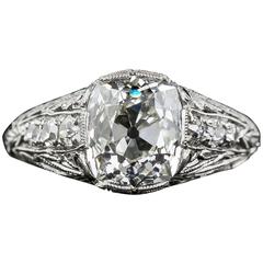 Art Deco 2.69 Carat GIA Cert Cushion Cut Diamond Platinum Ring 