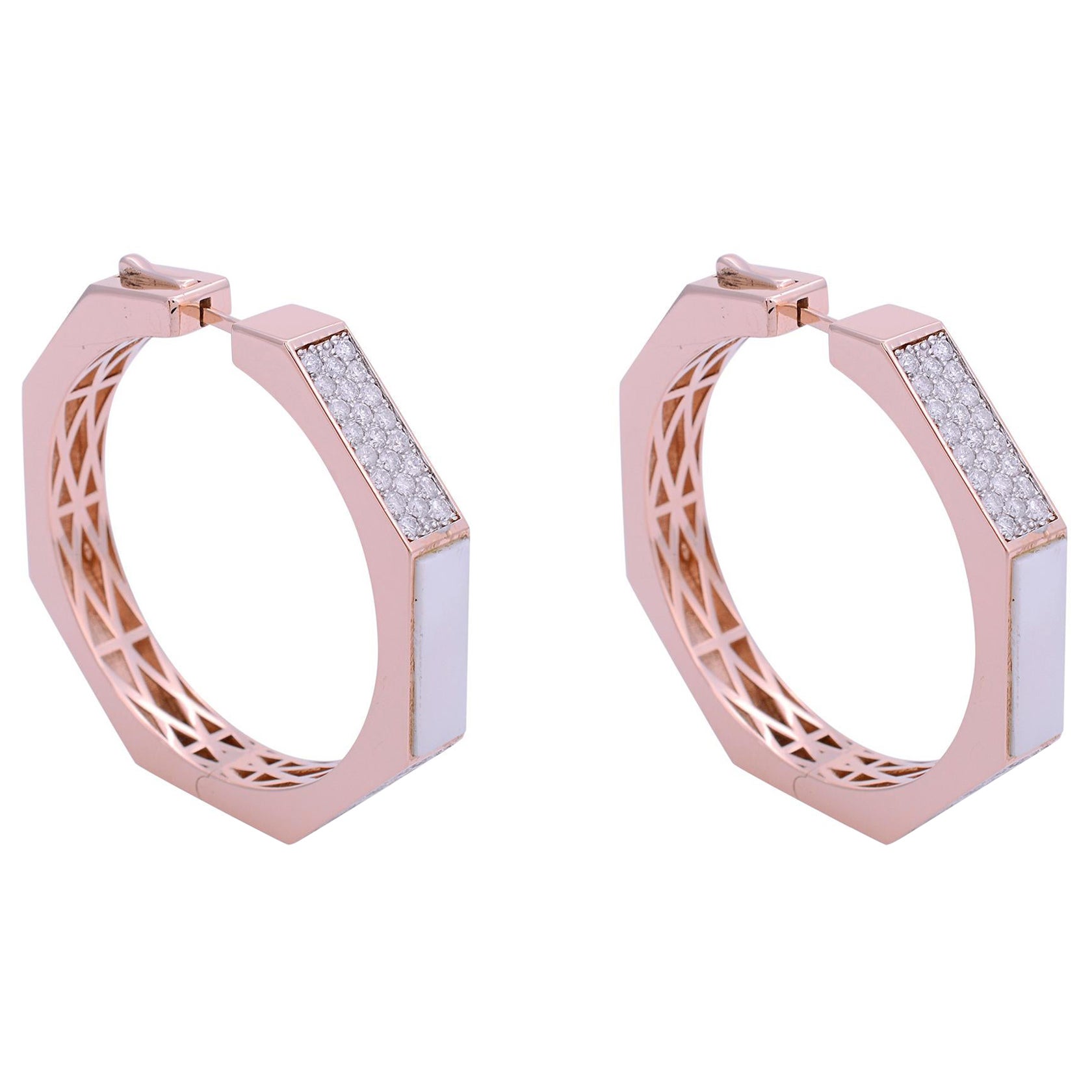 Real 1.80 Carat Diamond Pave Hoop Earrings 18 Karat Rose Gold Handmade Jewelry For Sale