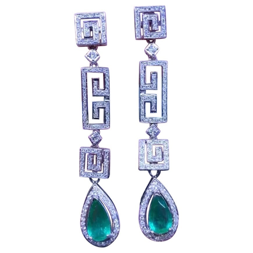 AIG Certified 4.10 Carats Zambian Emeralds  2.92 Ct Diamonds 18K Gold Earrings 