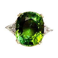 Certified 12.34 Carat Green Tourmaline and Diamond Three Stone Engagement Ring