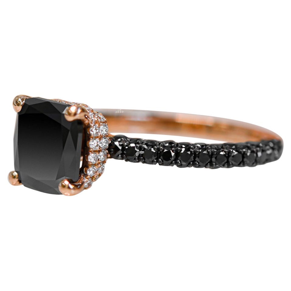 Ooak 3.75 Carats Black & White Diamond Double Halo 3-Sided Ring in 14k Rose Gold For Sale