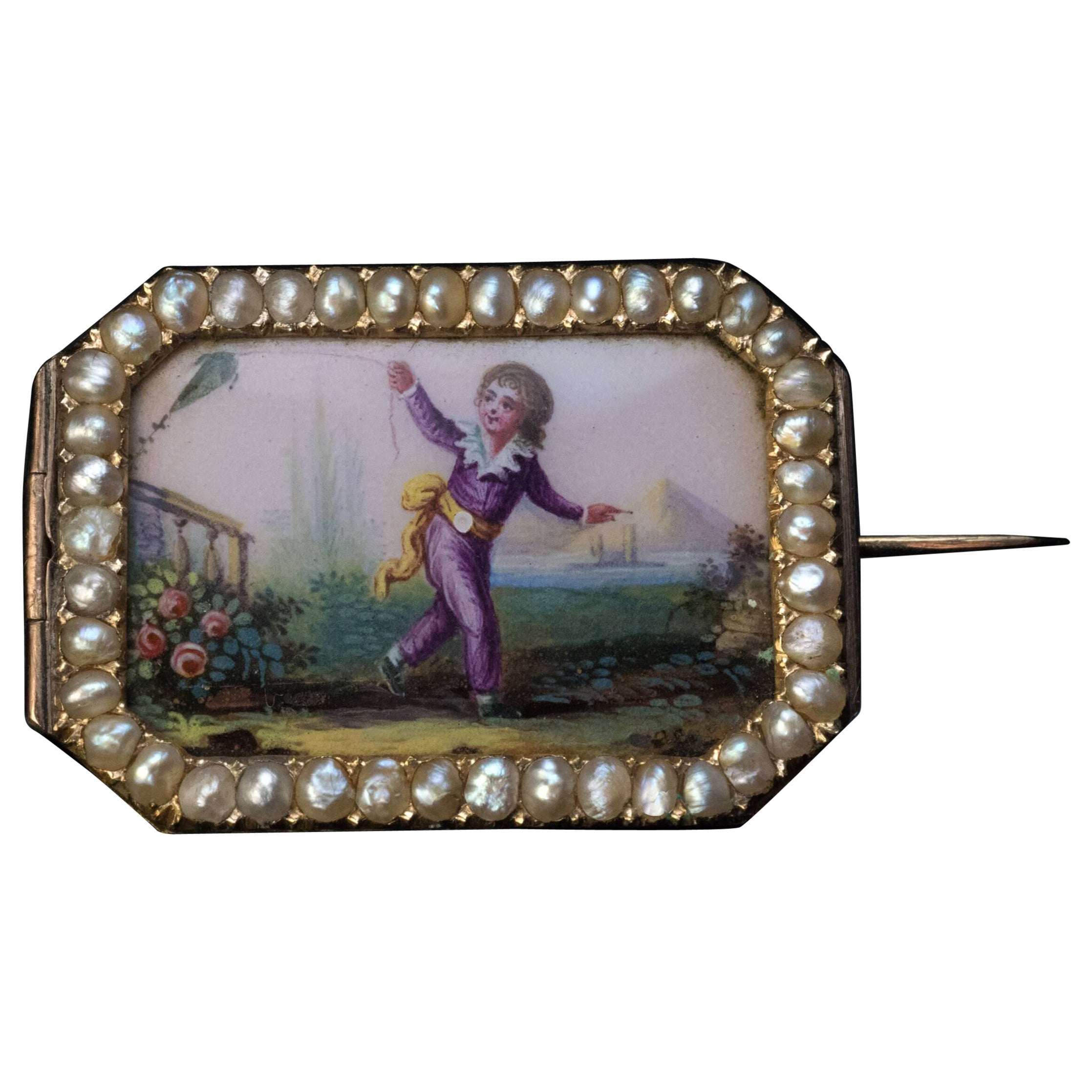 Rare 18th Century Painted Enamel Gold Brooch For Sale