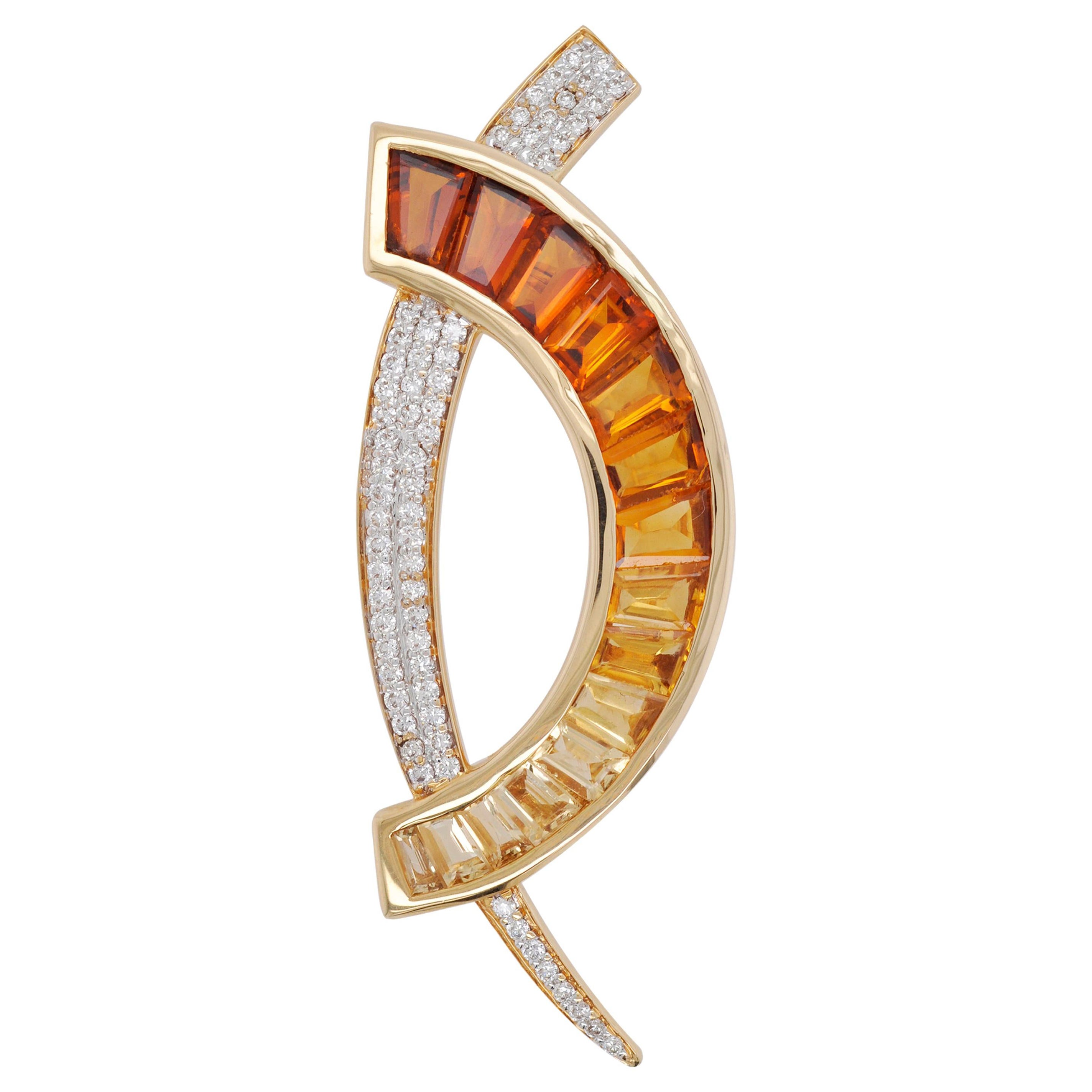 18 Karat Gold Custom Cut Citrine Taper Baguette Diamond Brooch Pendant Necklace For Sale