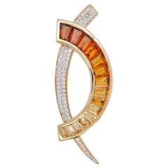 Collier pendentif broche en or 18 carats avec citrine taillée sur mesure et diamants baguettes