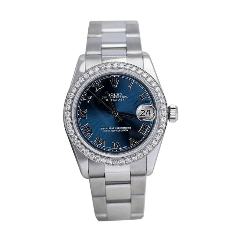 Rolex Datejust Blue Roman Dial Diamond Bezel Oyster Band Steel Watch For Sale