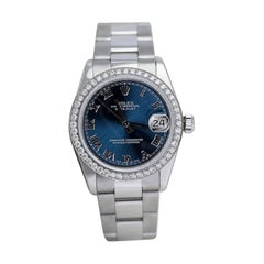 Rolex Datejust Blue Roman Dial Diamond Bezel Oyster Band Steel Watch