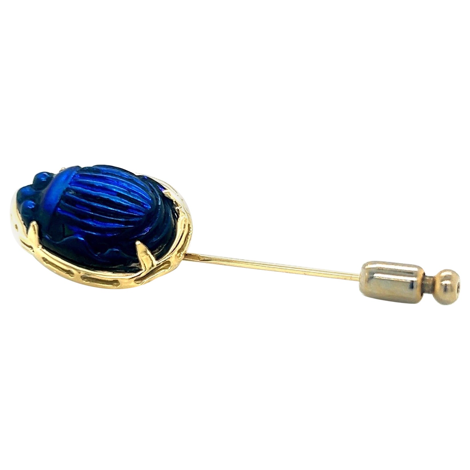 18k Yellow Gold Stick/Lapel Pin Vintage Tiffany Favrile Cobalt Blue Glass Scarab For Sale