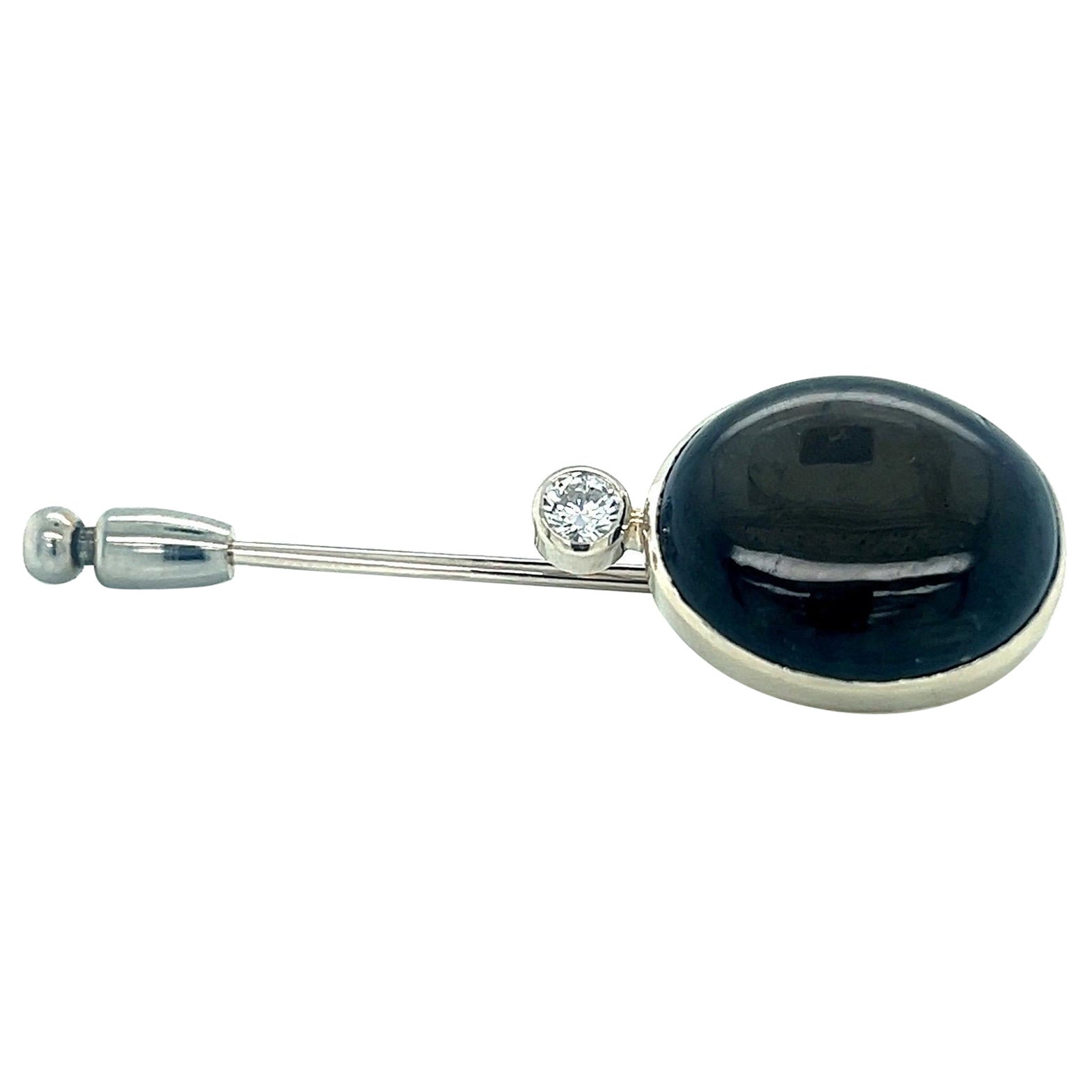 White Gold 27.5 Carat Black Star Sapphire Diamond Stick Lapel Pin For Sale