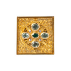 Jacob de Groes Square Aquamarine Diamond and Tourmaline Brooch