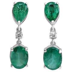 $1 NO RESERVE!  3.68cttw Emeralds & 0.06 Carat Diamonds, 14K White Gold Earrings