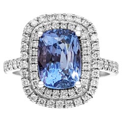 NO RESERVE - No Heat 4.07ct Sapphire & 0.80ct Diamonds Halo, 18K White Gold Ring