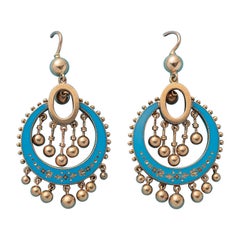 Gold Victorian Earrings with Blue Enamel