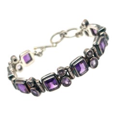 Vintage Silver 925 Purple Oval & Emerald Cut Natural Amethyst Bracelet, circa 1960