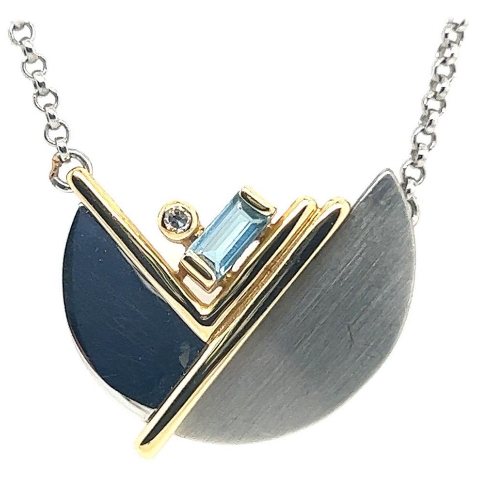 Art Deco Two Tone Gold Natural Diamond & Blue Topaz Pendant Necklace, circa 1960 For Sale