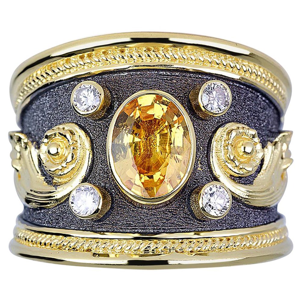 Georgios Collections 18 Karat Gold Two Tone Diamond Ring with a Yellow Sapphire For Sale