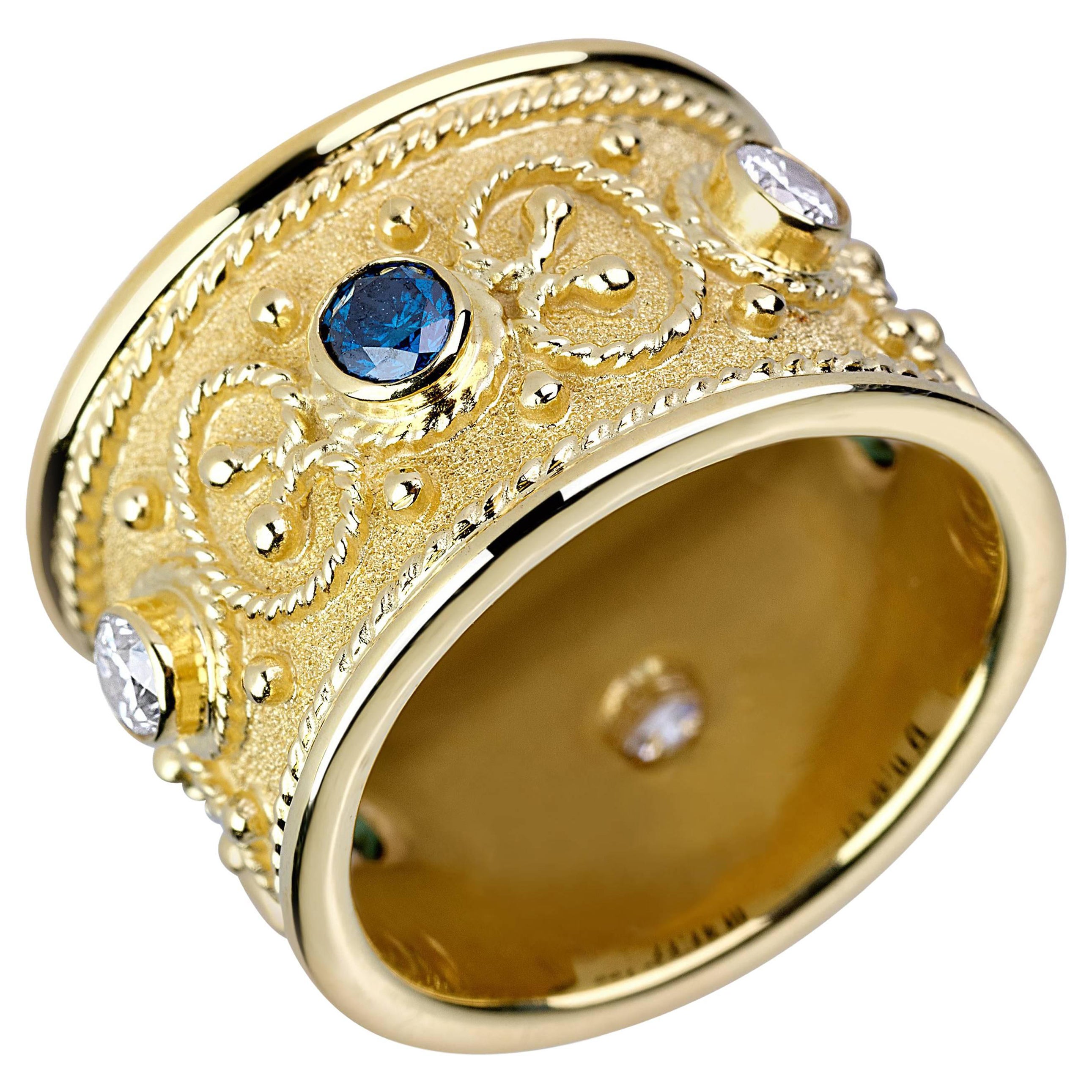 Georgios Collections 18 Karat Yellow Gold Blue and White Diamond Wide Band Ring For Sale