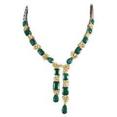 56.89 Carats, Natural Zambian Emerald & Yellow Diamonds Drop Necklace & Earrings