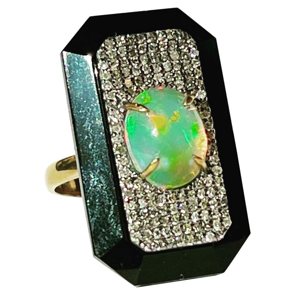 Art Deco 14k Yellow Gold, Silver, Diamond Opal Onyx Cocktail Marquise Ring For Sale