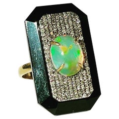 Vintage Art Deco 14k Yellow Gold, Silver, Diamond Opal Onyx Cocktail Marquise Ring