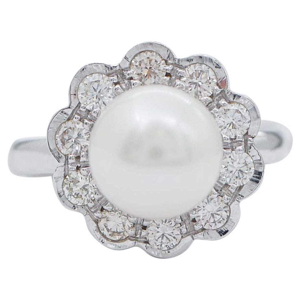 Pearl, Diamonds, 14 Karat White Gold Ring