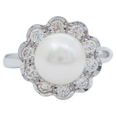Retro Pearl, Diamonds, 14 Karat White Gold Ring