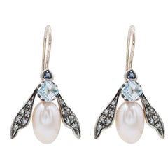 Topazs, Sapphires, Pearls, Diamonds, Rose Gold and Silver Fly Shape Earrings