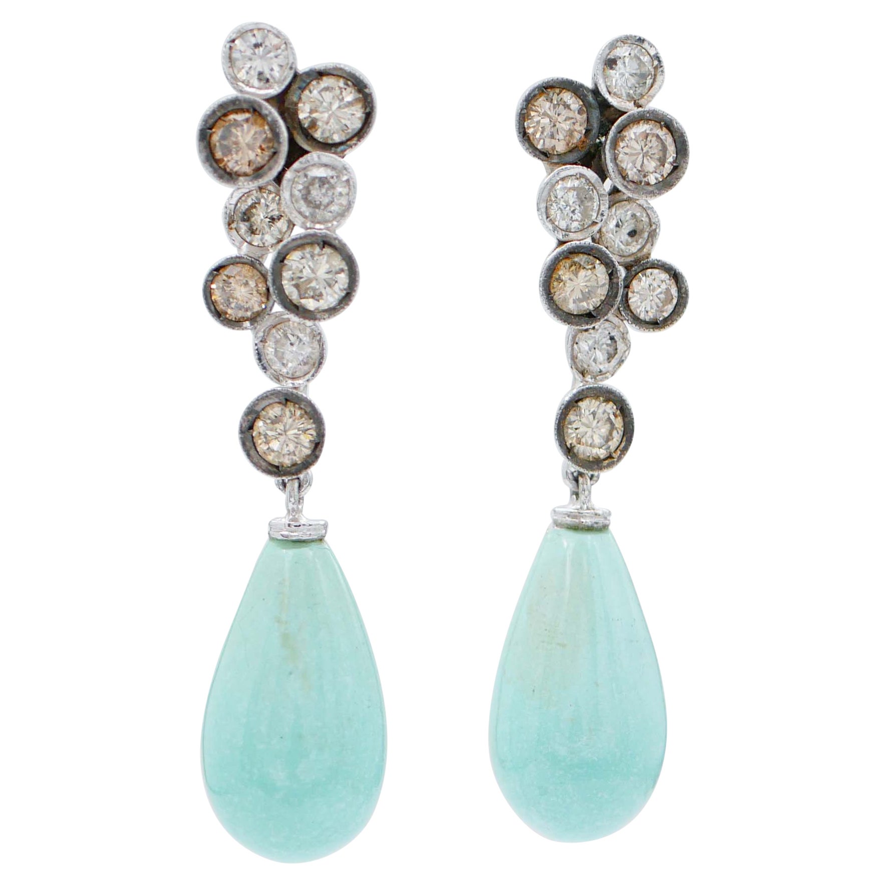 Boucles d'oreilles en or blanc 14 carats, turquoise et diamants en vente