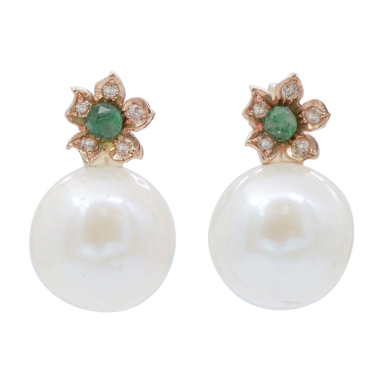Emeralds, Diamonds, Pearls, Rose Gold Earrings