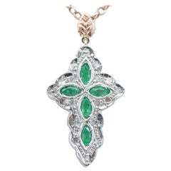 Emeralds, Diamonds, Rose Gold and Silver Cross Pendant