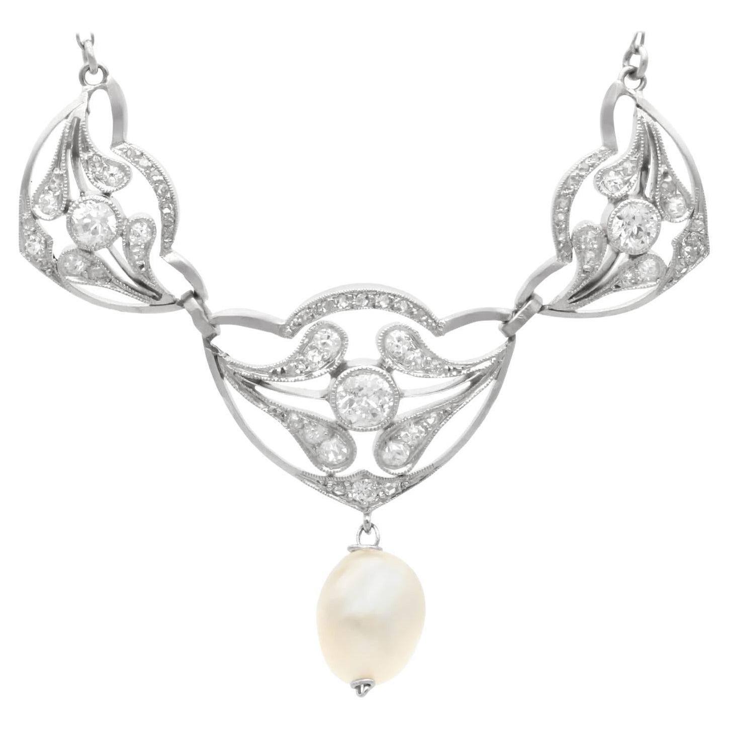 Antique Natural Pearl and 1.43 Carat Diamond Platinum Pendant Art Nouveau Style For Sale