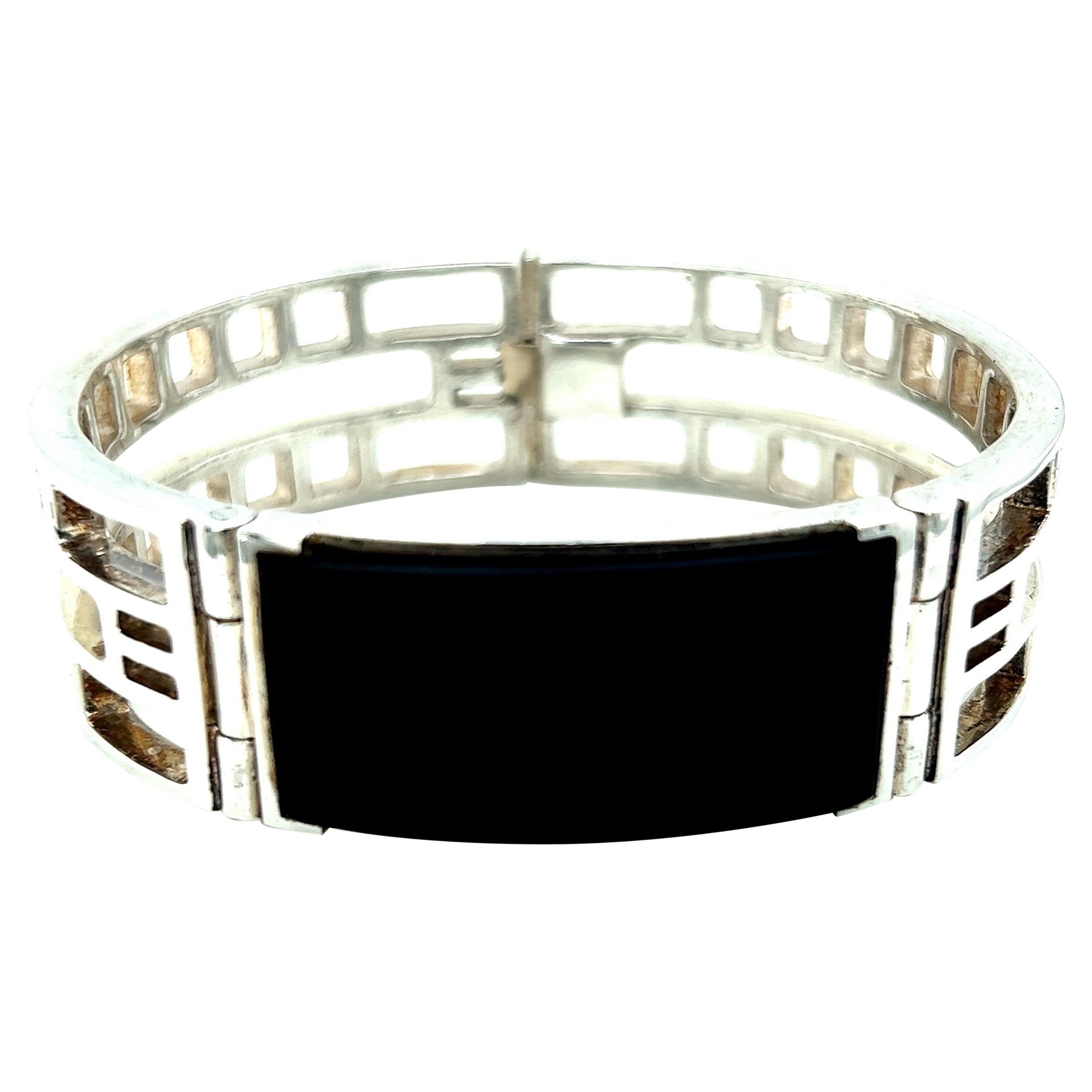 Art Deco Style ID Bracelet with Black Onyx in Sterling Silver For Sale