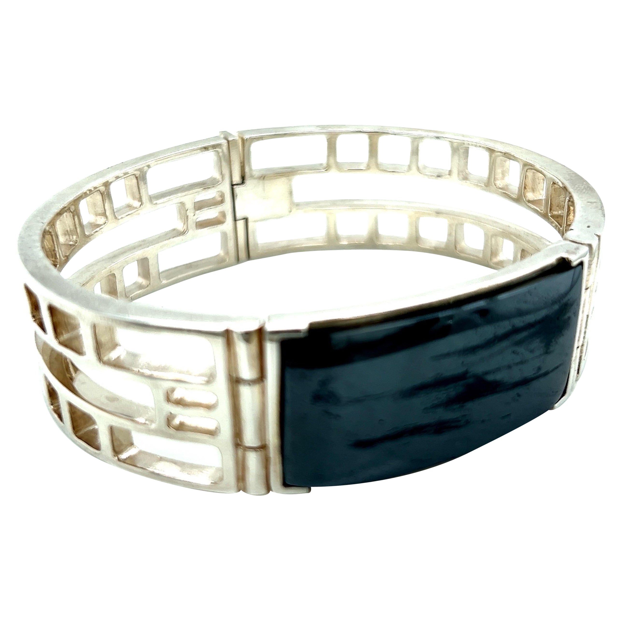 Art Deco Style ID Bracelet with Hematite in Sterling Silver For Sale