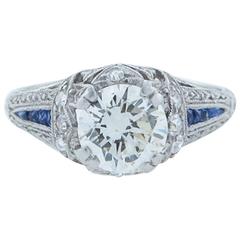 1920s French Cut Sapphire Diamond Platinum Engagement Ring
