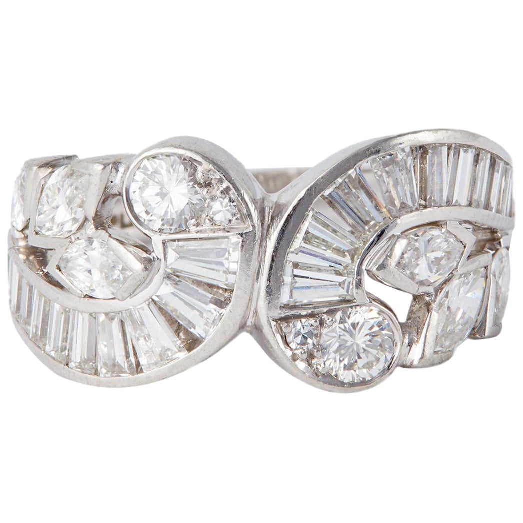Midcentury Diamond Platinum Double Swirl Ring