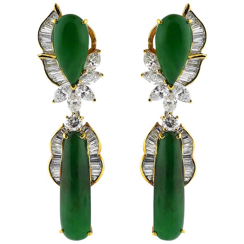 Fine GIA Cert Burmese Jadeite Diamond Gold Earrings