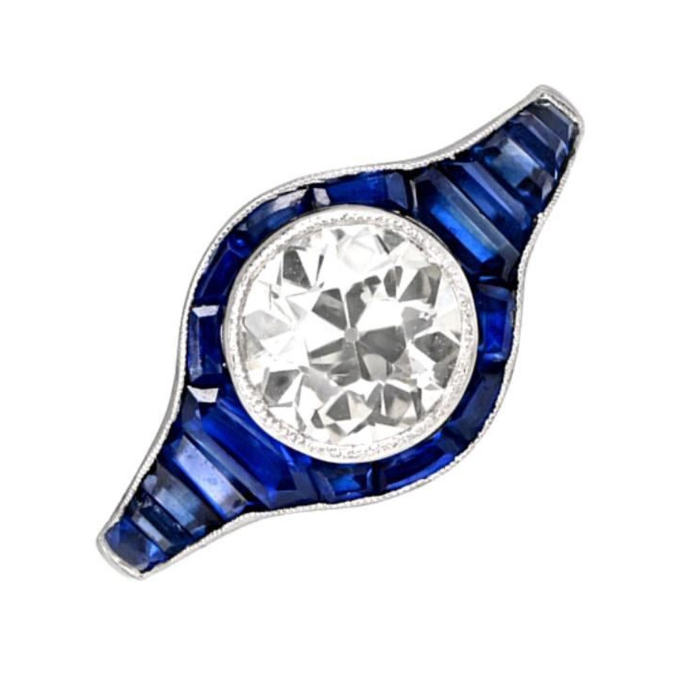 1.39 Carat Old-Euro Cut Diamond Engagement Ring, Sapphire Halo