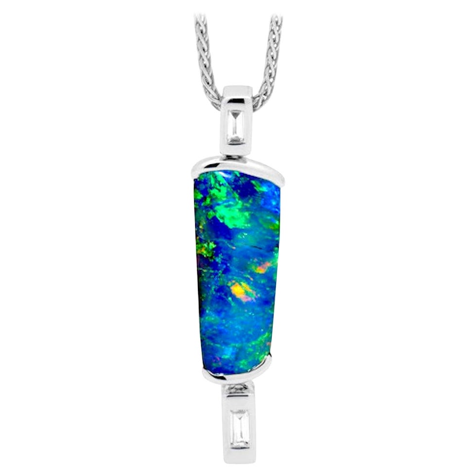 Natural Australian 5.52ct Boulder Opal Necklace in 18k White Gold with Diamonds For Sale