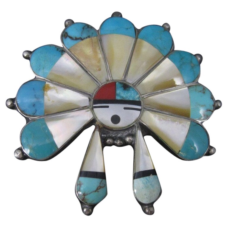 Large Vintage Sterling Turquoise Inlaid Sun Face Bolo Tie For Sale