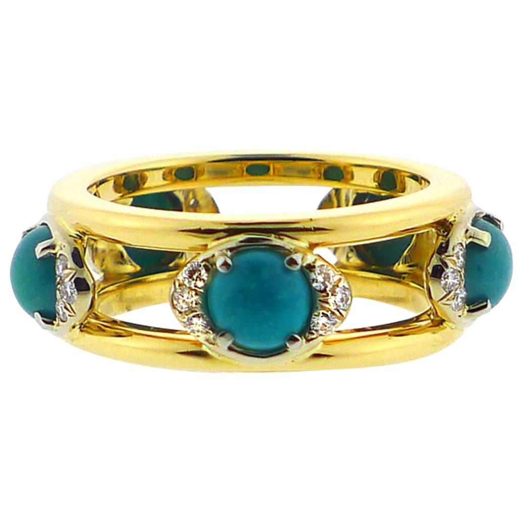 1980s T. Foster and Co. Cabochon Turquoise Diamond Gold Ring